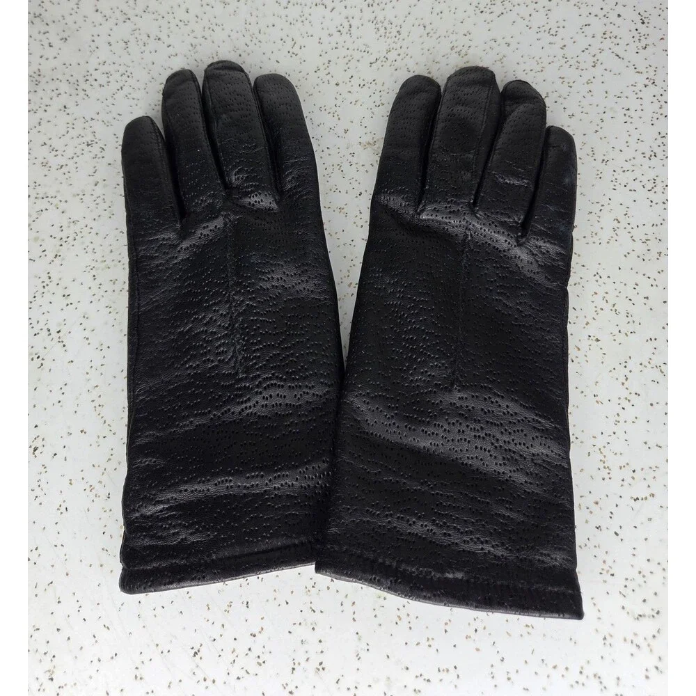 Vintage Fownes Black Leather Wrist Length Driving Gloves Women's Size 7 1/2